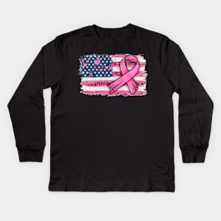 American Flag Pink Ribbon Leopard Breast Cancer Awarenes Kids Long Sleeve T-Shirt